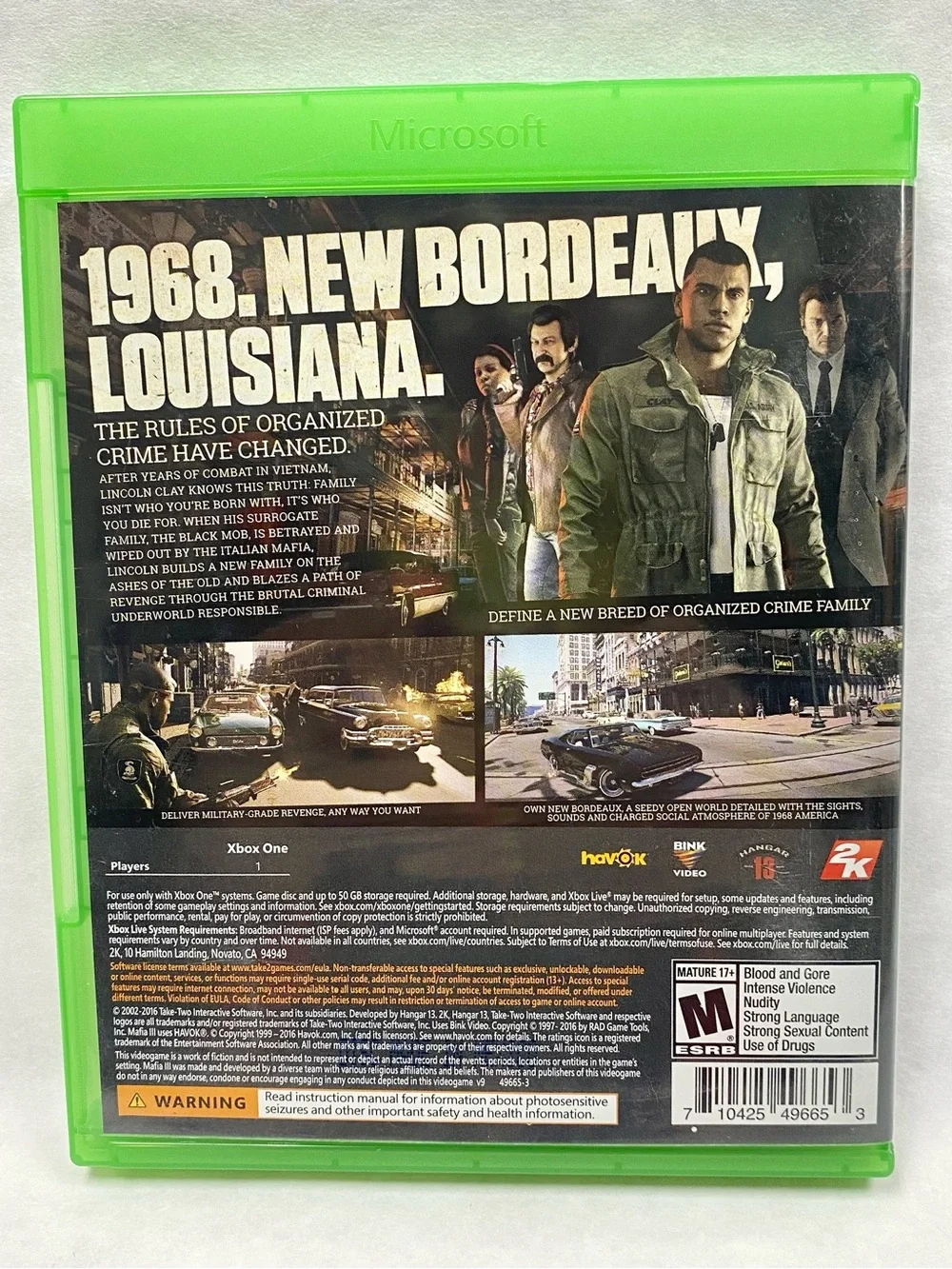 Microsoft Xbox One Mafia III Green Case with Cover Art